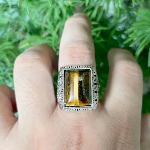 Vista 4 de DALEGEM Anillo de piedra de ojo de tigre amarillo genuino para hombres y mujeres, anillo turco retro vintage de cristal de cuarzo piedras preciosas