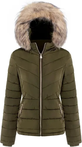 Vista 5 de Chaqueta de plumón con cinturón y capucha con adorno de piel sintética para mujer negro 5