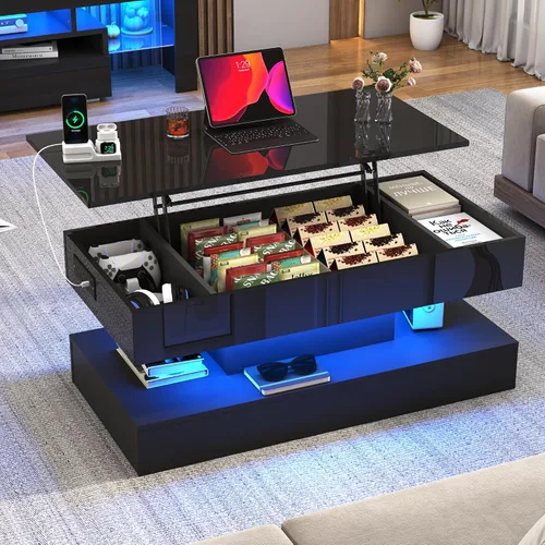 Vista 9 de 39.4" Mesa de café grande con tapa elevable, modernas mesas de café LED de alto brillo para sala de estar con almacenamiento, mesas de salón negras