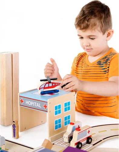 Vista 6 de Guidecraft Edificios comunitarios: Juego de 6 edificios de madera para jugar en bloques