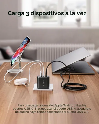 Vista 5 de MINLU GaN - Bloque de cargador USB C de 65 W, cargador de pared compacto de 3 puertos tipo C con cable USB-C/L 2 en 1 de 6 pies, 100 W, carga rápida