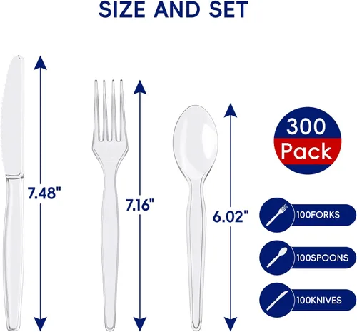 Vista 2 de JOLLY CHEF Juego de 300 cubiertos de plástico transparente, 100 tenedores, 100 cucharas, 100 cuchillos, juego de cubiertos de plástico desechables