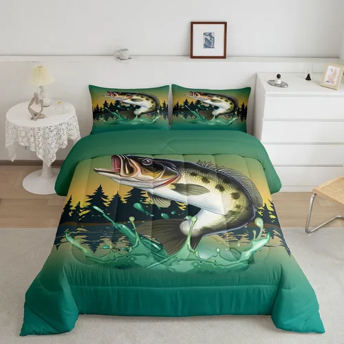 Vista 14 de Erosebridal Juego de ropa de cama de pesca tamaño individual, juego de edredón de peces coloridos para niños, adolescentes, hombres, pescadores
