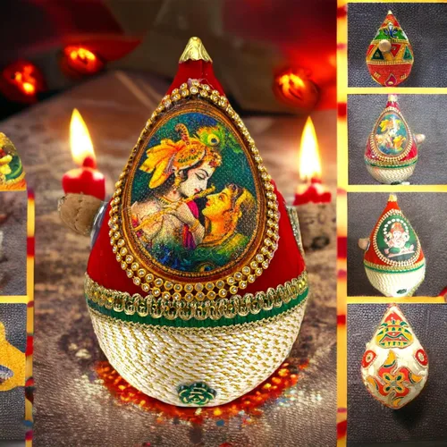 Vista 5 de LOVENSPIRE Shriphal Mangal Kalash Coco decorado para boda Shagun Decorativo Nariyal Mangal Nariyal Kalash Set Boda Pooja Nariyal Decorado Nariyal