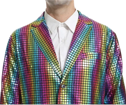 Vista 5 de Conjunto de disfraz de discoteca para hombre, traje de lentejuelas brillantes y pantalones, chaqueta metálica, trajes de Halloween