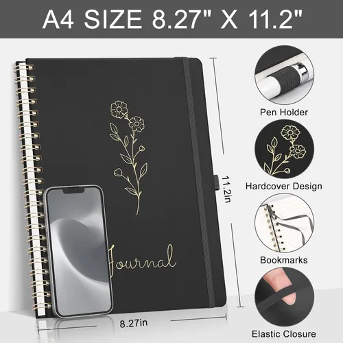 Vista 2 de EMSHOI Cuaderno de espiral con puntos, tapa dura de cuero, papel grueso de 3.53 oz/m², cuaderno de cuadrícula de puntos de 0.197 in para diario