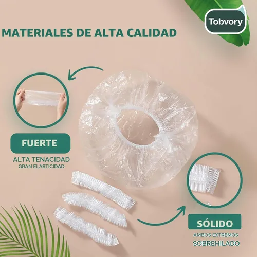 Vista 3 de Gorros de ducha desechables - 100 unidades Tobvory, gorro de ducha impermeable de plástico para mujer y hombre, gorro de ducha extra elástico