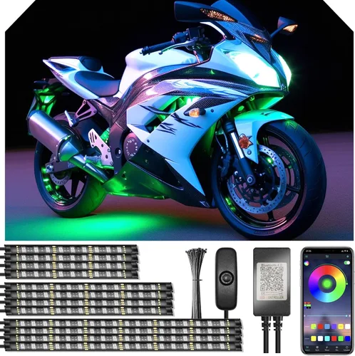 Vista 7 de Kit de 8 tiras de luces LED underglow para motocicleta, impermeables, luces de neón RGB de acento, efecto suelo, tiras de luz atmosférica DC 12V