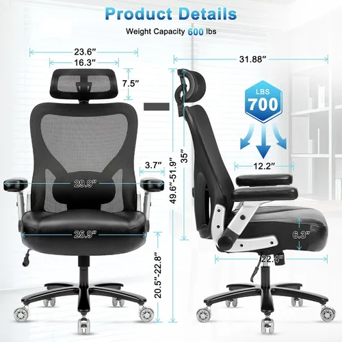Vista 3 de Silla de oficina súper grande y alta, 700 libras, silla ejecutiva de computadora resistente con ruedas de goma, brazos abatibles 3D, silla
