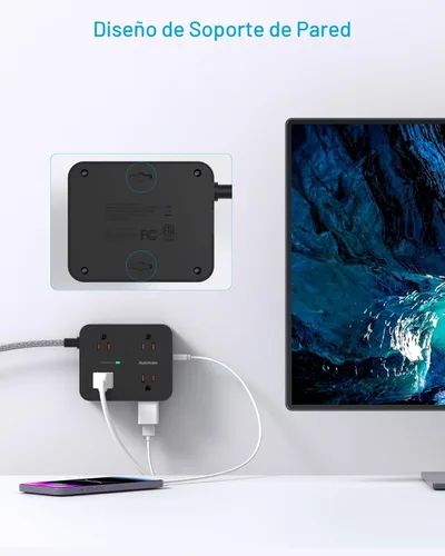 Vista 6 de Protección Contra Sobretensiones con Alargador de Corriente, HANYCONY 8 Salidas con 4 Puertos de Carga USB (2 USB C), Extensor de Salidas Laterales