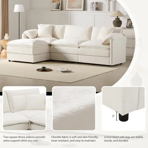 Vista 6 de Sofá modular modular en forma de L de 103.5 pulgadas para sala de estar, cómodos sofás de felpilla de 4 plazas con otomana móvil (crema)
