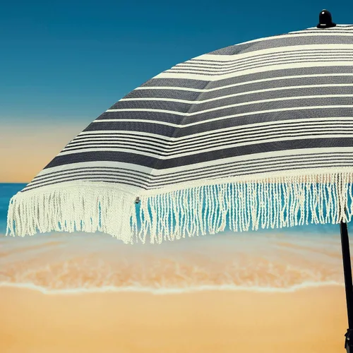 Vista 2 de Sombrilla de playa para arena, resistente al viento, con bolsa de anclaje de arena, portátil, flecos, bolsa de mezclilla, cuenta con parte inferior
