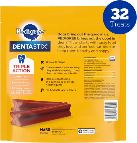 Vista 9 de Pedigree Dentastix - Golosinas para perros de raza grande, sabor a tocino, bolsa de 1.67 libras (32 golosinas) Triple action dental care, reduces