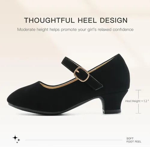 Vista 4 de Dufannie Zapatos de vestir para niñas, zapatos de tacón bajo de princesa, zapatos planos con purpurina para bodas y fiestas