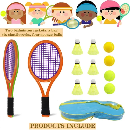 Vista 8 de Raqueta de tenis para niños con bolsa, raqueta de plástico incluye 2 bolas de espuma, 2 pelotas de tenis, 4 bádminton para niños, juegos deportivos