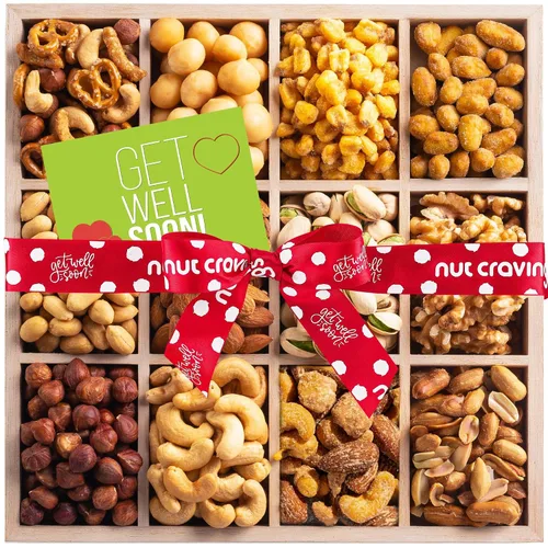 Vista 15 de NUT CRAVINGS - Cesta de regalo de nueces mixtas en bandeja de madera de diamante reutilizable + cinta verde (12 surtidos) golosinas para adultos