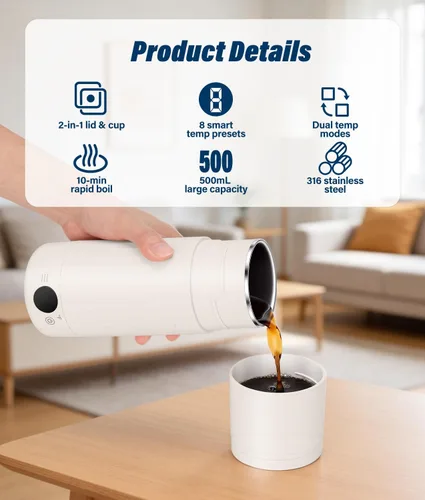 Vista 3 de Hervidor eléctrico portátil para viajes, hervidor de acero inoxidable 316, caldera de agua caliente con tapa y taza 2 en 1, hervidor de té de viaje