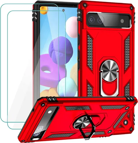 Vista 11 de Funda para Google Pixel 6a con protector de pantalla de vidrio templado [2 unidades], funda protectora de grado militar a prueba de golpes con Negro