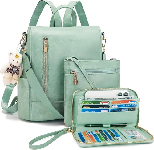 Vista 9 de Soperwillton Mochila de moda para mujer, bolso de hombro de cuero antirrobo, bolsa de viaje, múltiples bolsillos, cartera, juego de 3 piezas