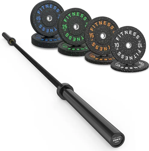 Vista 38 de Olympic Barbell Set, 2-Inch Bumper Plates with Weight Plate Rack Colored Crumb Rubber Weight Plates for Weight Lifting & Strength Training, 90–530
