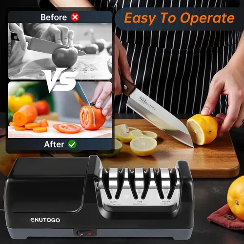 Vista 5 de Afilador de cuchillos Enutogo, afilador de cuchillos eléctrico profesional de 3 etapas para cuchillos de cocina, 100% abrasivo de diamante para guía