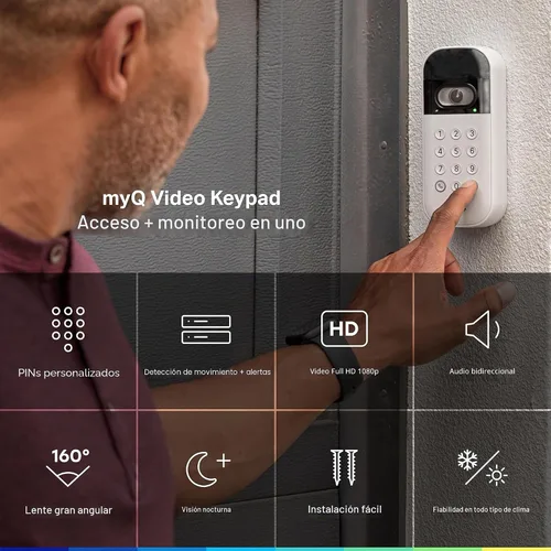 Vista 3 de myQ - Teclado inteligente de video para puerta de garaje + kit de adaptador de corriente con cable, con cámara gran angular, códigos PIN