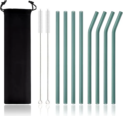 Vista 13 de JASHII Pajitas de vidrio reutilizables, pajitas transparentes de 7.87 x 0.3 pulgadas con cepillo limpio, estuche de viaje negro para bebidas Azul