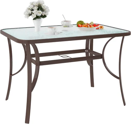 Vista 9 de soges Mesa de café bistró de 47 pulgadas para patio al aire libre, mesa de comedor rectangular con marco de acero templado con agujero