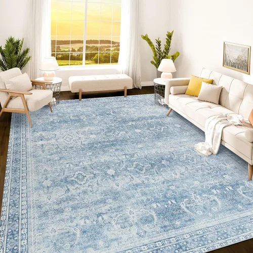Vista 181 de Istana Alfombra larga antideslizante de 2.5 x 8 para el hogar, para pasillo y cocina, lavable, sedosa y suave al tacto, elegante, color azul y marfil