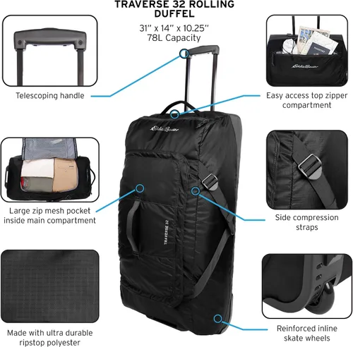 Vista 7 de Eddie Bauer Traverse 32 Rolling Duffel Bag-Made from Ripstop Polyester with Telescoping Handle
