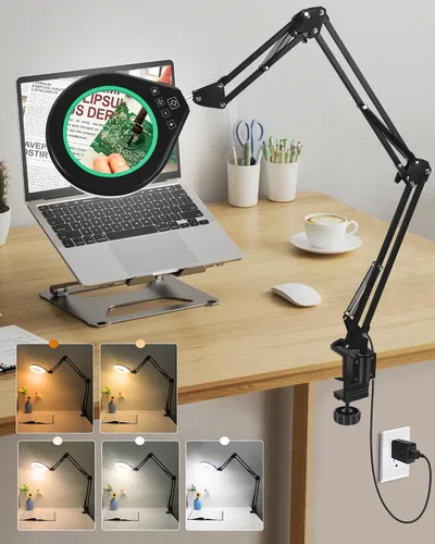 Vista 14 de Lupa 10X y 5X con luz, brazo oscilante ultra largo, 5 colores y 10 de brillo, lente de cristal real, lámpara de aumento grande para manualidades