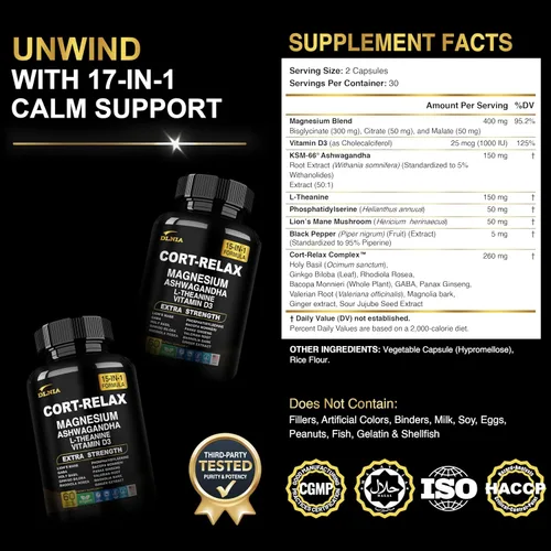 Vista 2 de DLNIA Suplemento Super Calmante de Cortisol con Glicinato de Magnesio, Ashwagandha KSM-66, L-Teanina, Fosfatidilcolina, Ginkgo Biloba y Seta de León