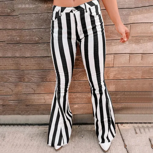 Vista 5 de Womens High Waist Trousers Womens Fashionable Loose Striped Color Contrast Tassel Flare Pants Mid Fashions for Women