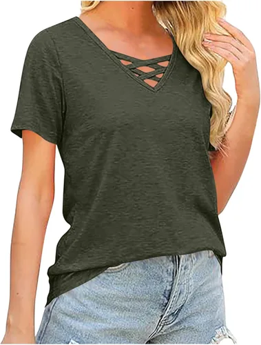 Vista 3 de Camisetas de verano para mujer, cuello en V entrecruzado, manga corta, holgadas, elegantes, casuales, básicas, suaves