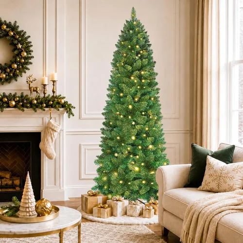 Vista 2 de Árbol de Navidad preiluminado de 6 pies, 190 LED duales, 10 modos de luz, 610 puntas, árbol de Navidad artificial delgado