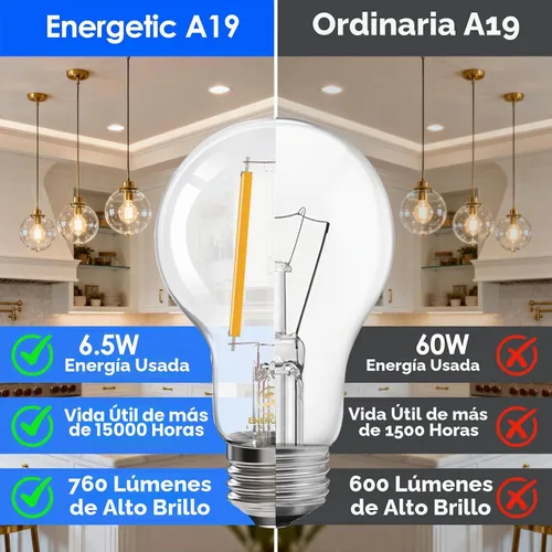 Vista 3 de Energetic - Bombilla LED Edison A19, regulable E26, equivalente a 60 W 3000K Blanco Cálido