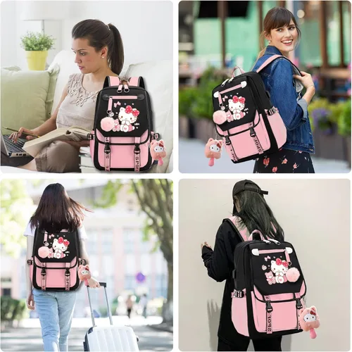 Vista 6 de qxuylmd Mochila Kawaii con colgante de felpa, linda mochila de dibujos animados para escuela secundaria, mochila para estudiantes, 21 litros