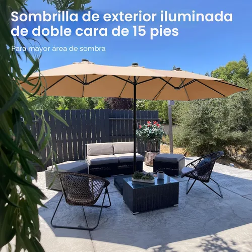 Vista 8 de PHI VILLA Sombrilla de patio grande de 15 pies con base y luces solares, paraguas rectangular de doble cara para exteriores con 36 luces LED, Beige