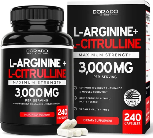 Vista 2 de L Arginine L Citrulina (240 unidades) – Píldora de óxido nítrico para resistencia y resistencia y L arginina L citrulina en polvo (0.11 onzas)