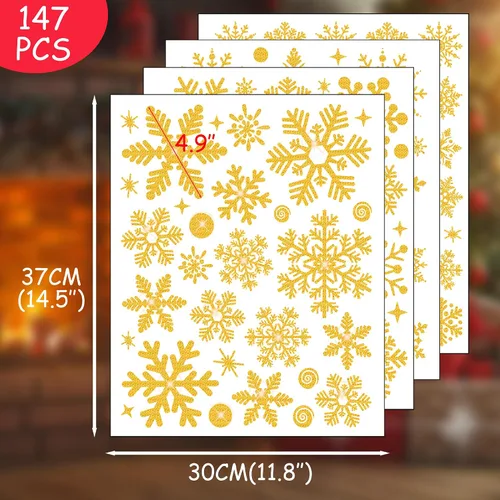 Vista 2 de Adhesivos de Copos de Nieve Dorados con Purpurina para Ventanas 147 PCS Copos de Nieve Brillantes para Ventanas Decoraciones de Paraíso Invernal Oro
