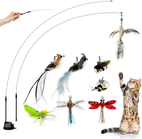 Vista 8 de TTcat Juguetes de varita para gatos con ventosa, juego interactivo de simulación de pájaro para gatos, juguetes para gatos, alambre de acero
