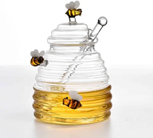 Vista 7 de PHEZEN Tarros de miel con tapa y tapa con tapa y tarro grande de vidrio con estatua de abeja, recipientes de miel, dispensador de miel de vidrio