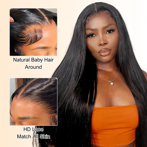 Vista 2 de AAKJJ Pelucas de cabello humano con encaje frontal, densidad del 200%, peluca lacia prearrancada, suave, color natural, 13x4, peluca frontal