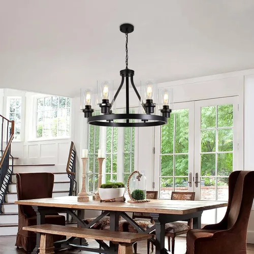 Vista 2 de lámpara de araña de granja de 6 luces con rueda de vagón, accesorios de luz colgante para comedor, sala de estar, isla de cocina, vestíbulo