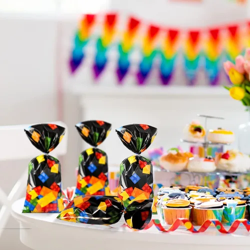 Vista 6 de 100 bolsas de celofán con bloques de construcción, suministros para fiesta de cumpleaños, bolsas de dulces con 100 lazos plateados para recuerdos