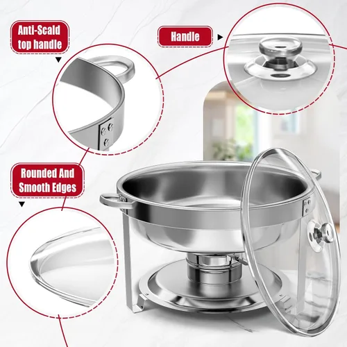 Vista 3 de IMACONE Juego de Bandejas Calentadoras de Buffet 4 Piezas, 5QT Redondas de Acero Inoxidable con Tapa de Vidrio para Catering, Conjuntos