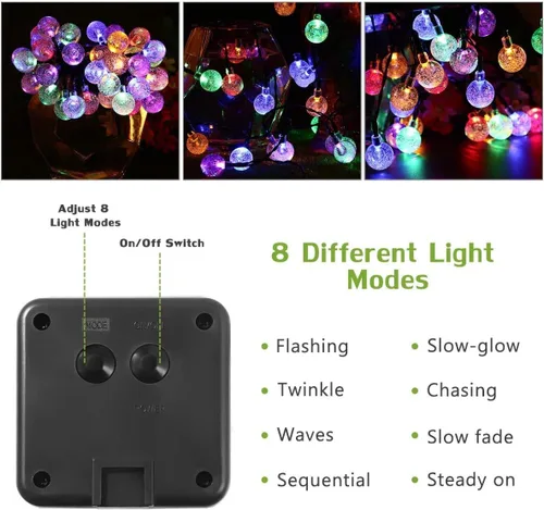 Vista 5 de Tira de luces solares con forma de globo, 31 pies, 50 luces LED para exteriores, impermeables, 8 modos, luces solares de patio para césped, jardín