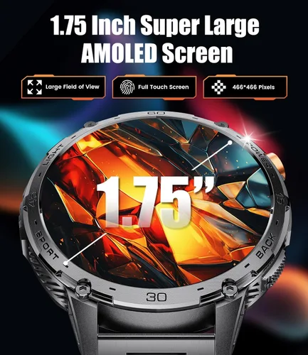 Vista 2 de LIGE Reloj inteligente militar para hombre, 730 mAh/1.75 pulgadas, pantalla táctil HD AMOLED, con linterna LED para Android iOS, rastreador