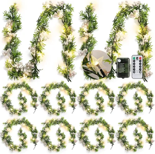 Vista 9 de Duraaamo 5 piezas de guirnalda de Navidad preiluminada con luces de estrella de 1,8 m, 20 luces LED, guirnalda de acebo con bayas rojas, funciona