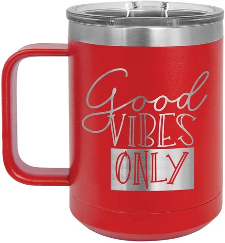 Vista 5 de Good VIBES SOLO Taza de café de 15 oz con tapa superior deslizante Taza de café de viaje aislado Ideas de regalo de cumpleaños o Navidad de Negro